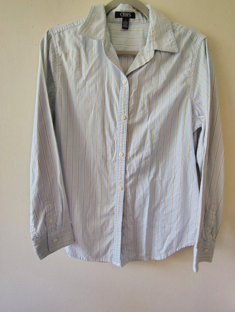 Chaps Blue Striped Button Down Shirt Womens Medium Preppy Business Casual Fitted